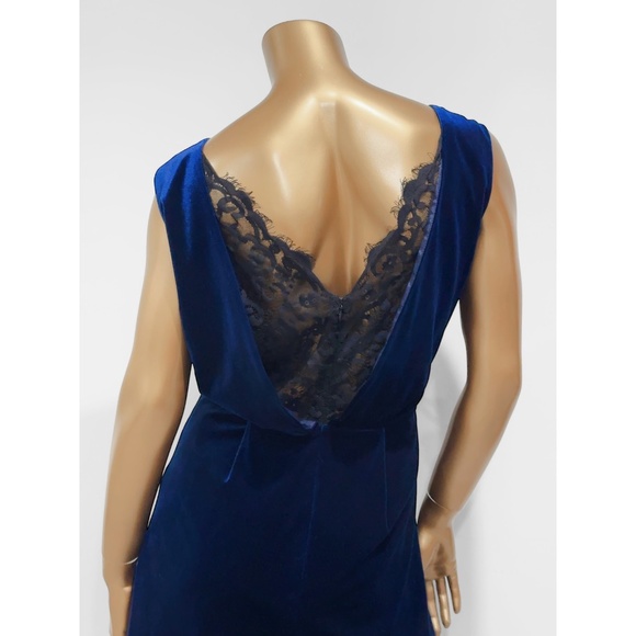 Topshop Navy Blue Velvet Black Lace Open Back Romper Size 10 - Picture 8 of 9